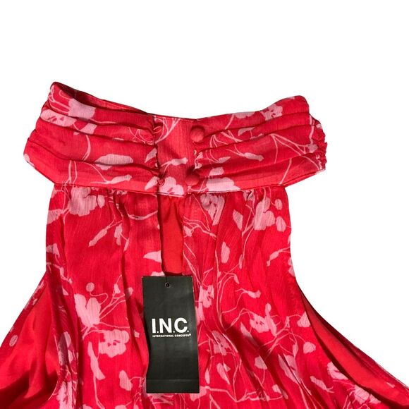 INC Women's Floral-Print Pleated Halter Top Small Flowy Sheer Lined Coral - Picture 6 of 11